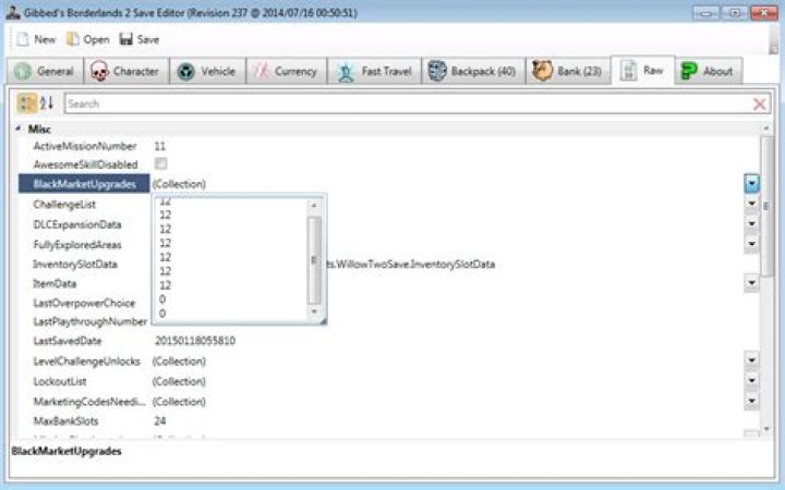 Can I edit bank/backpack space with Gibbed's save editor?