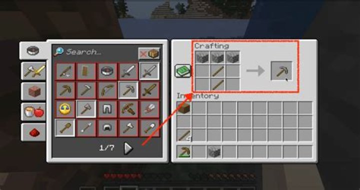 Crafting menu showing a pickaxe.