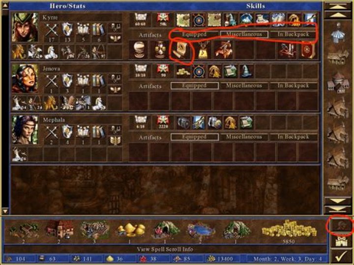 How can I view equipped artifact details in the Heroes III iPad app?
