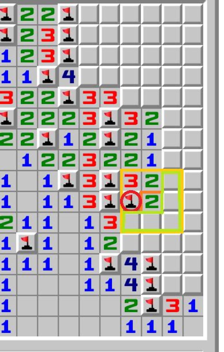 I gave up on this Minesweeper board. Is there a correct move that makes this solveable with certainty?