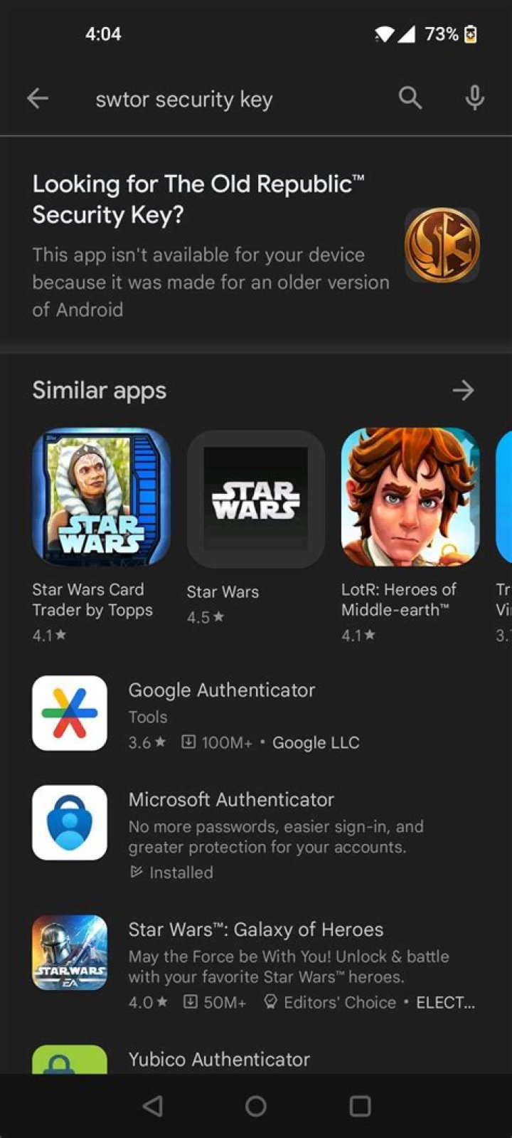 SWTOR security key and app